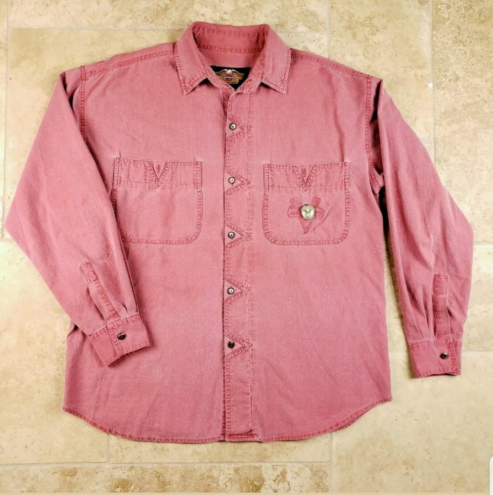 Harley Davidson Shirt Mens M Chambray Vtg Red 80s
